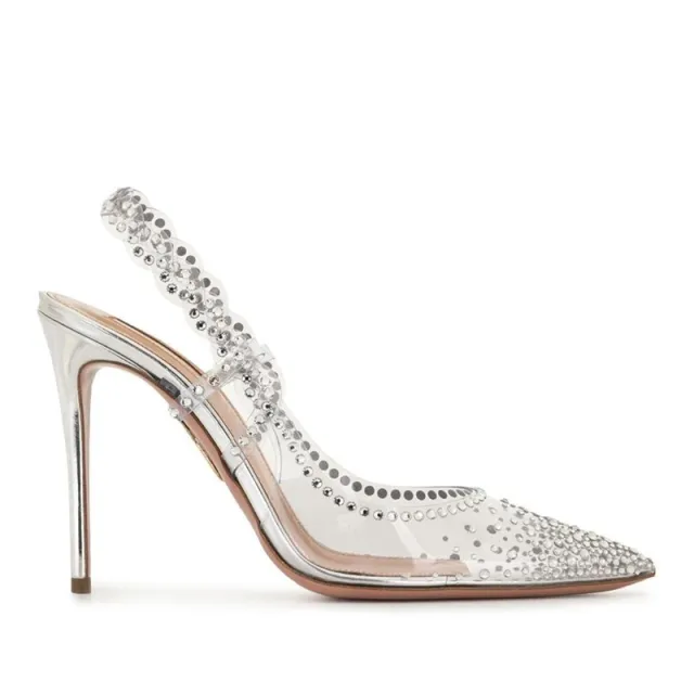 Rhinestone Pointed Toe Low cut High Heels Rear Empty Stiletto Heel Pumps Transparent - Shop at LoveMi