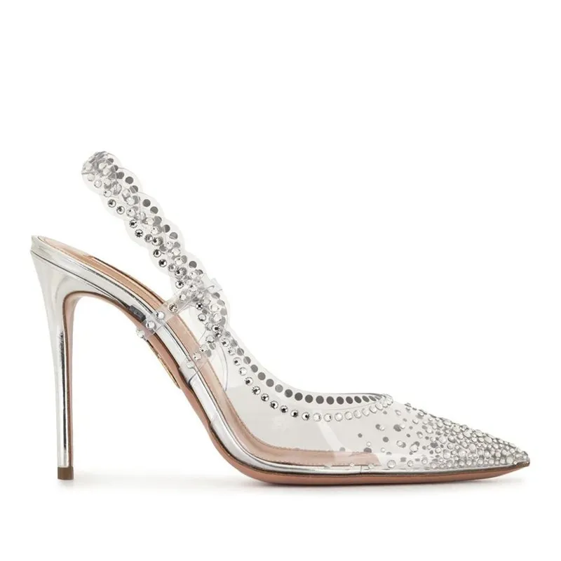 Rhinestone Pointed Toe Low-cut High Heels Rear Empty Stiletto Heel Pumps - Transparent