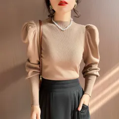 Inner Wear Loose Slimming Belly-covering Top Lantern Sleeve Bottoming Sweater - Brown - View 1