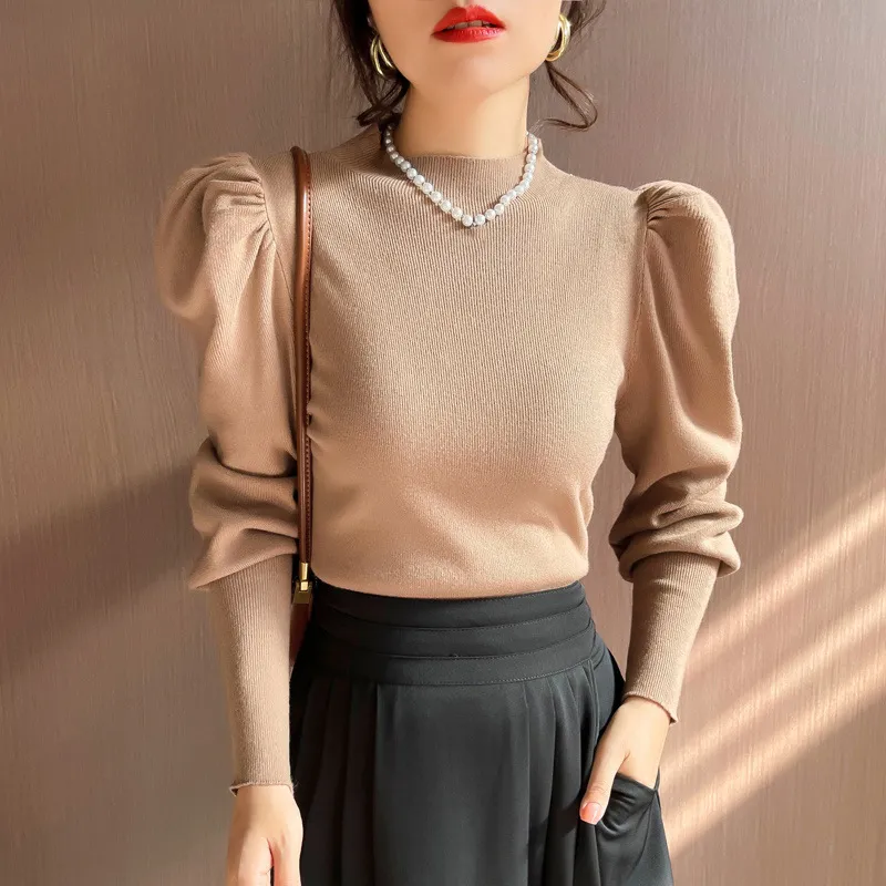 Inner Wear Loose Slimming Belly-covering Top Lantern Sleeve Bottoming Sweater - Brown