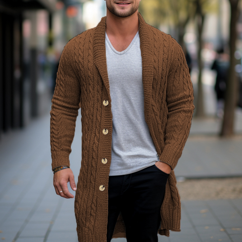 Men’s Mid-length Knitwear Thick Needle Twisted Cardigan Woolen Coat