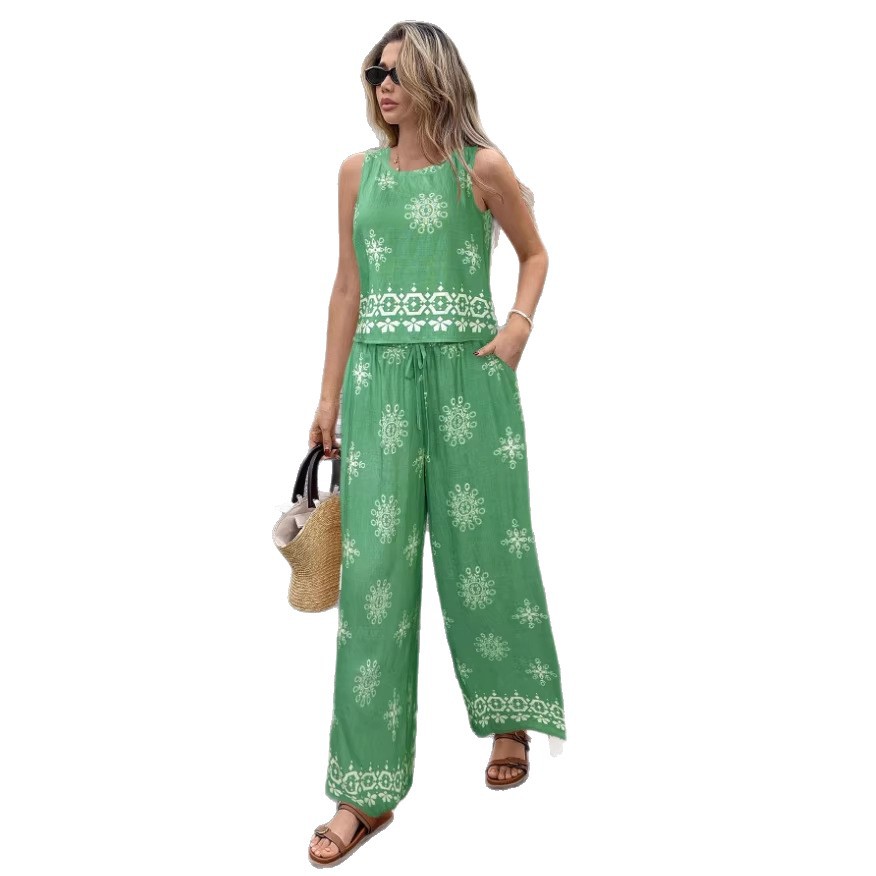 Printed Crew-Neck Sleeveless Tank Top And Pants Two-Piece Set