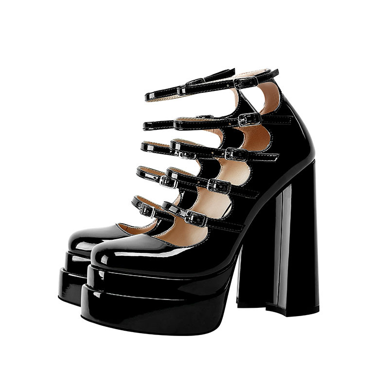 Patent Leather Waterproof Platform Square Toe Hollow Belt Buckle Buckle High Heels
