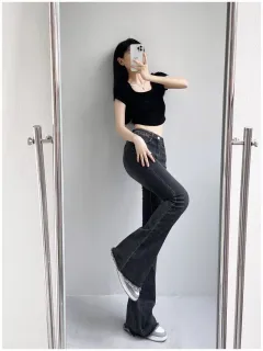 Autumn And Winter Fashion Small High Waist Raw Hem Jeans Retro Distressed Small Man Stretchy Wide-leg Slim Flare Pants - Black Gray Lengthened - View 1