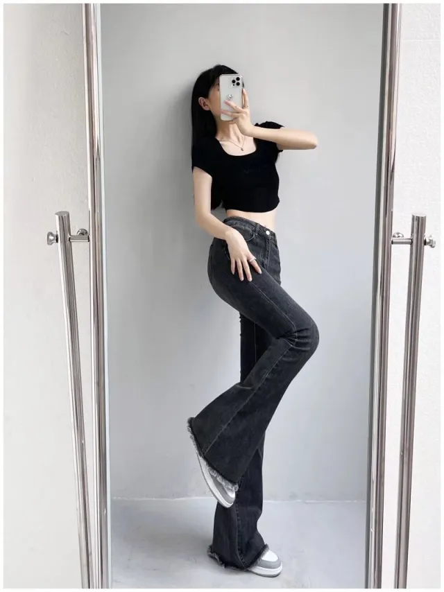 Autumn And Winter Fashion Small High Waist Raw Hem Jeans Retro Distressed Small Man Stretchy Wide leg Slim Flare Pants Black Gray Lengthened - Shop at LoveMi