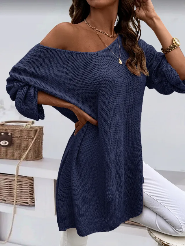Fashion V neck Pullover Plus Size Women's Knitted Sweater Blue - Shop at LoveMi