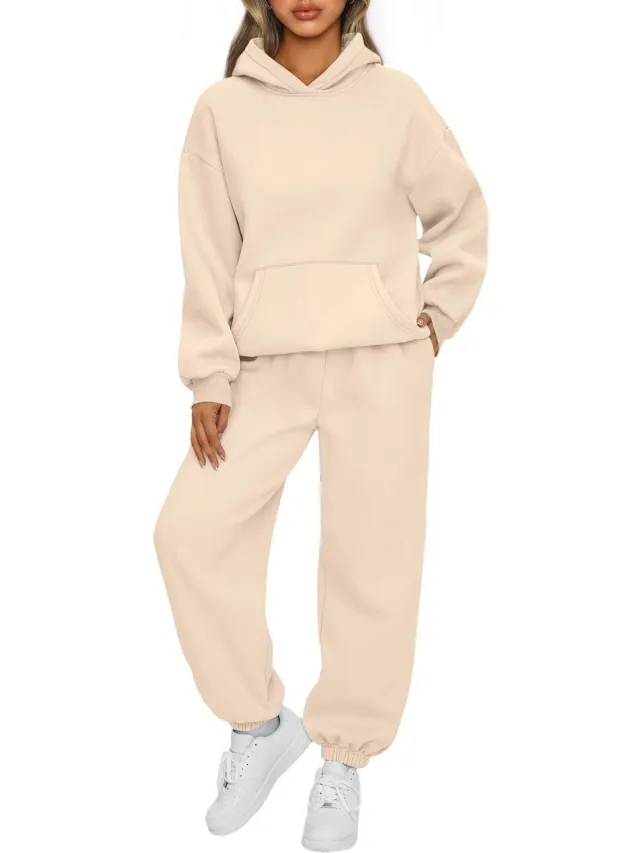 Autumn And Winter New Women's Casual Hooded Sportswear Long Pajama Set Apricot - Shop at LoveMi