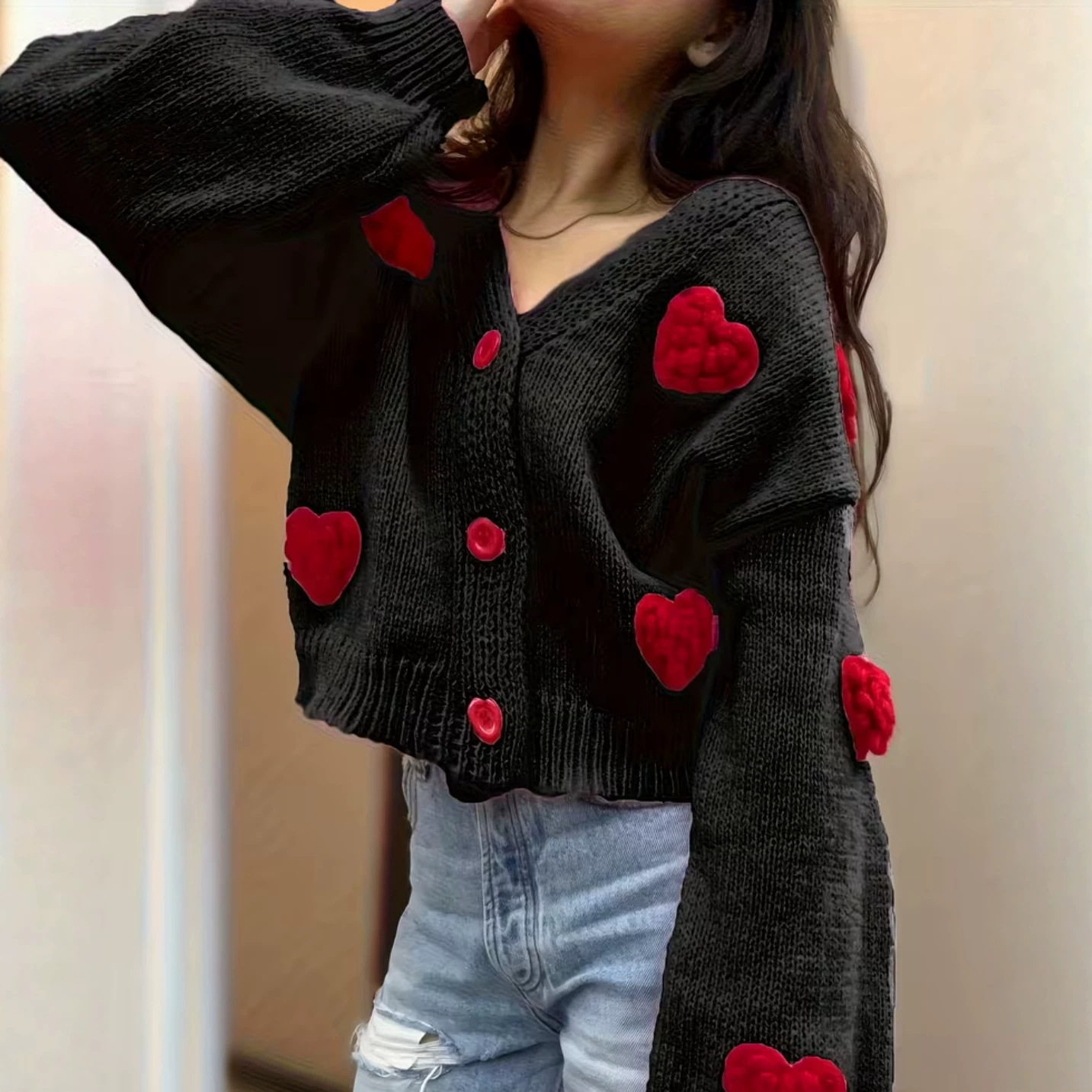 Womens Fashionable Knitted Cardigan With Heart Motifs