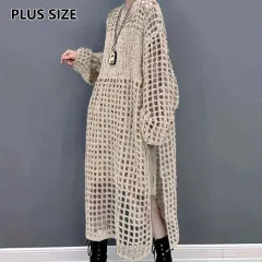 Loose Round Neck Dignified Hollow Knitted Dress High Slit Sweater - Khaki - View 1