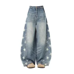 American Style Retro Washed Denim Pants Loose Trendy Wide Leg Trousers - Blue - View 1
