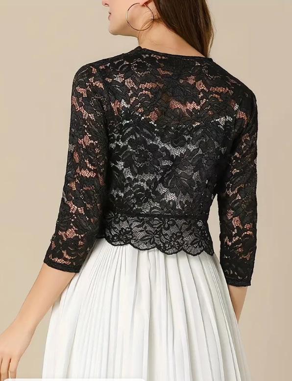 Ladies' Vest Short Collarless Cardigan Top Solid Color Elegant Lace Shirt Black - Shop at LoveMi