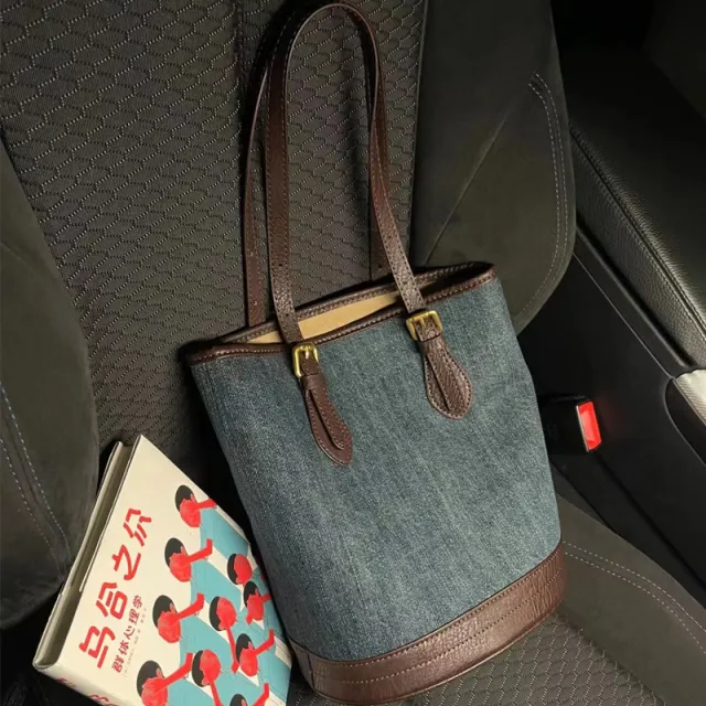 Denim Patchwork Handbag Large Capacity Retro One shoulder Bucket Bag Denim Commuter Bag - Shop at LoveMi