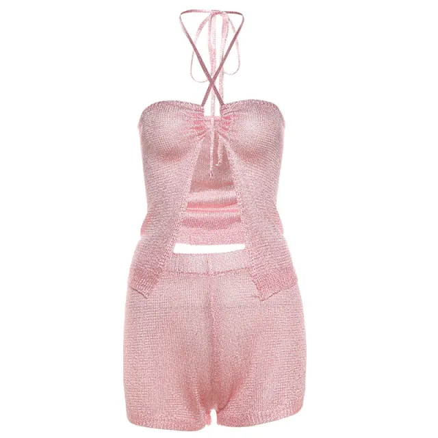 European And American Fashion Street Sexy Knitted Halter Tube Top Navel Shorts Suit Pink - Shop at LoveMi