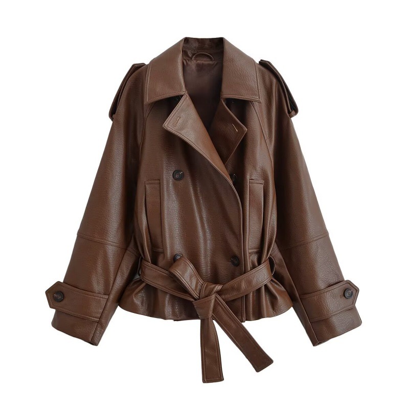 Women's Autumn French-collar Leather Jacket With Belt