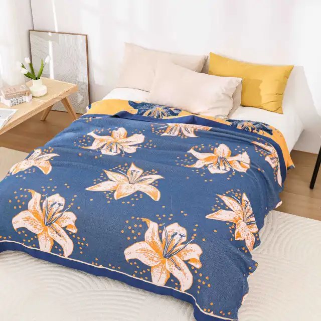 Cotton Gauze Towel Quilt Summer Single Double Sofa Blanket Nap Blanket Polka Dot Lily Blue - Shop at LoveMi