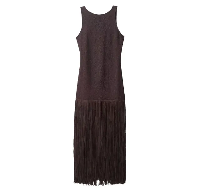 Retro Slim Fit Decorated Tassel Dress Sexy Backless Brown - Shop at LoveMi