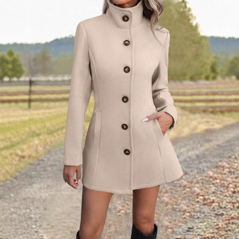 Women's Stand-Neck Wool Casual Coat (Apricot-S)