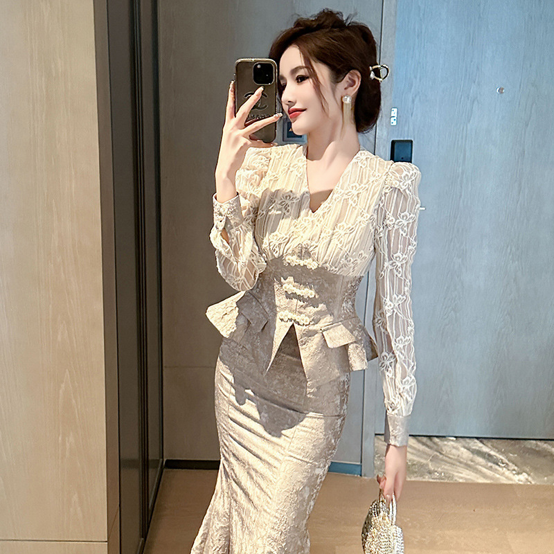 Suit Ruffled Lace Top High Waist Hip Skirt