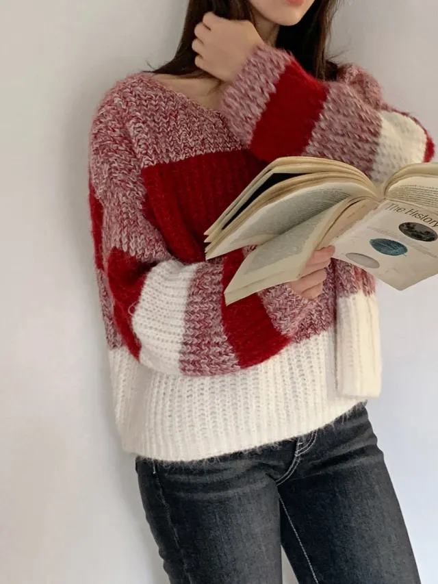 Christmas Sweater Mohair Off shoulder Sweater For Fall And Winter Red - Shop at LoveMi