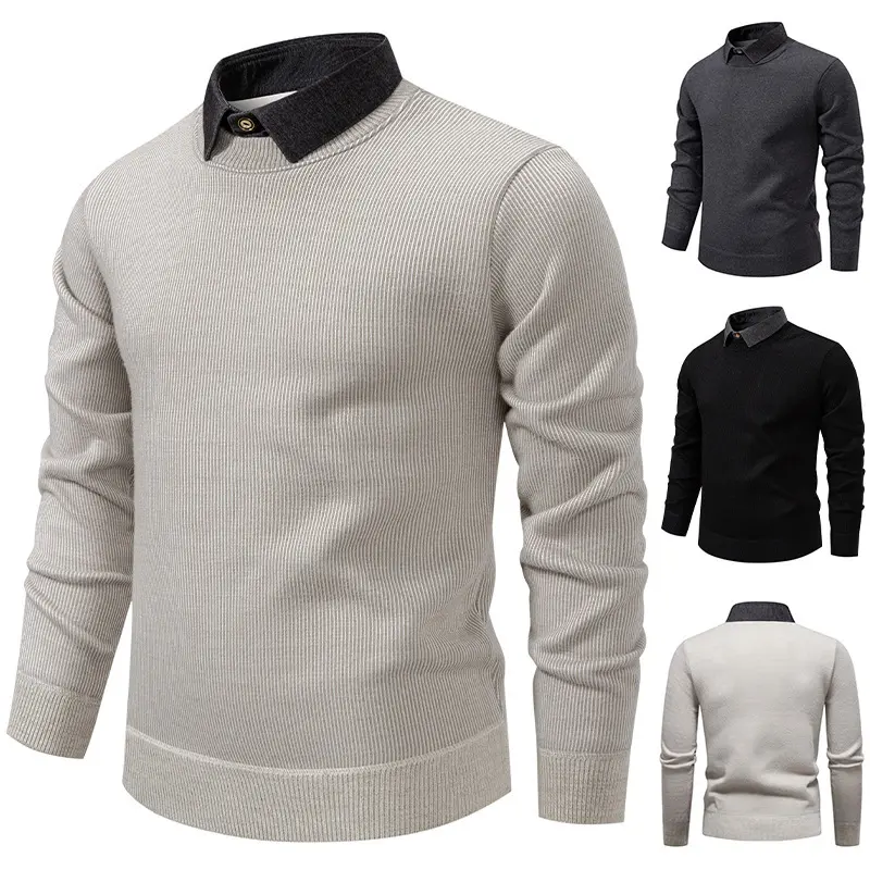 Mens Faux Two-piece Base-layer Knit Casual Shirt-collar