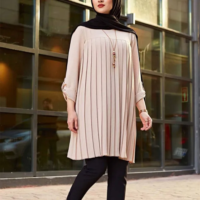 Muslim Women's Wear Casual Pleated Loose Long Sleeve Round Neck Plus Size Top Beige Pink - Shop at LoveMi