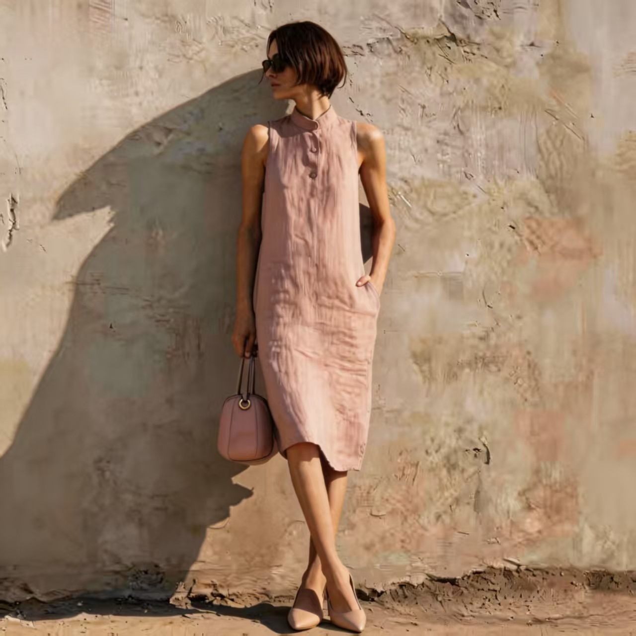 Women's Sleeveless Midi Dress in Lotus Root Color – A-line solid casual dress