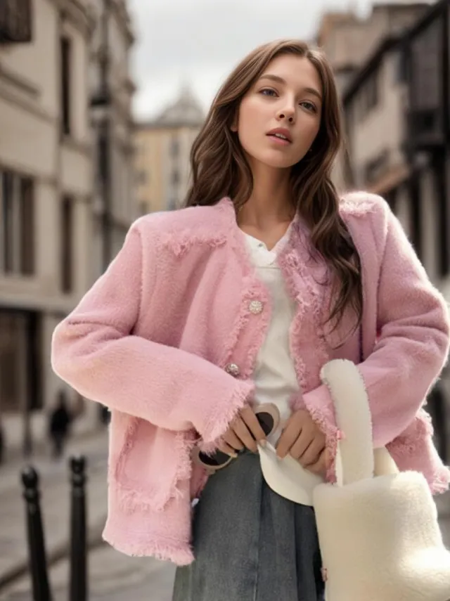 Western Classy Style Tassel Cardigan Autumn And Winter Imitation Mink Round Neck Knitted Loose Coat Pink - Shop at LoveMi