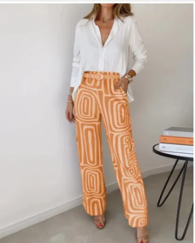 Women's Casual Long sleeved Lapel Shirt Printed Wide leg Pants Suit Orange - Shop at LoveMi