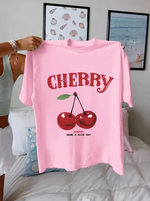 Fruit Strawberry Round Neck Short Sleeve Top For Women Qts133 - Shop at LoveMi