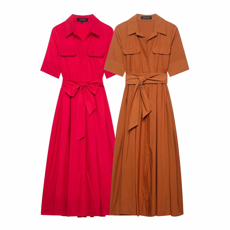 European And American Style Slim Waist Poplin Short Sleeve Dress