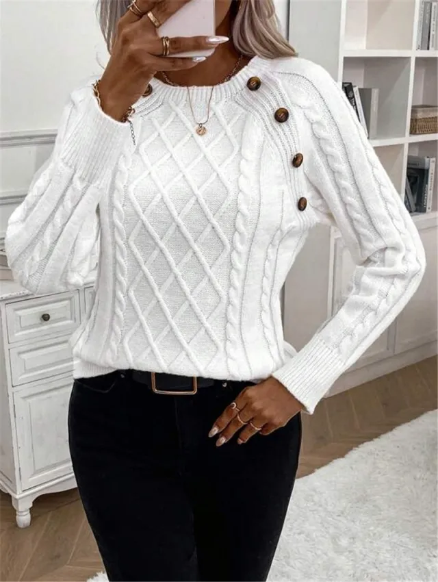 Twisted Pullover Knitting Round Neck Sweater White - Shop at LoveMi