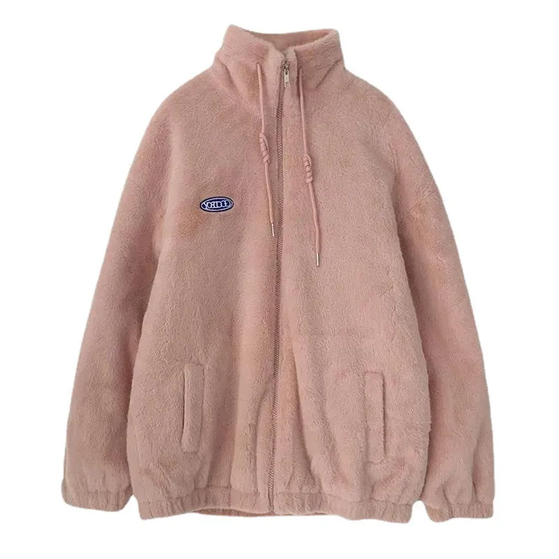 Faux Seto Fur Lamb Wool Plush Coat Female Fleece-lined Thickened Student Korean Style Loose All-matching - Pink Single
