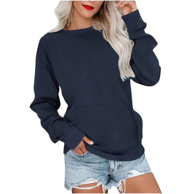 Women's Pin Solid Color Round Neck Loose Long sleeved Sweater Navy Blue - Shop at LoveMi