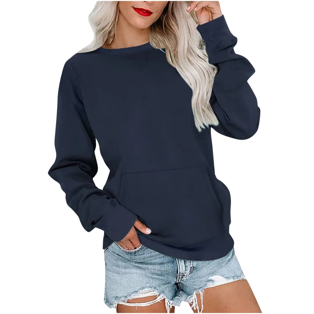 Women's Pin Solid Color Round Neck Loose Long-sleeved Sweater - Navy Blue