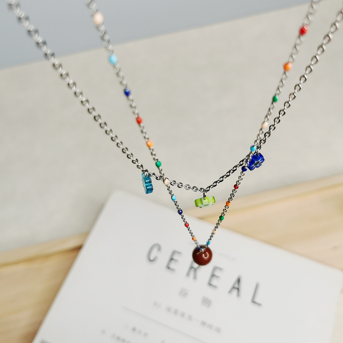 Cute Flower Twin Ultra-fine Clavicle Chain Colored Glaze Beaded Pendant Necklace