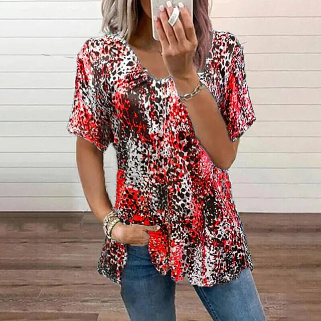 Leopard Print Short Sleeve V neck Top T shirt Women's Clothing Red - Shop at LoveMi