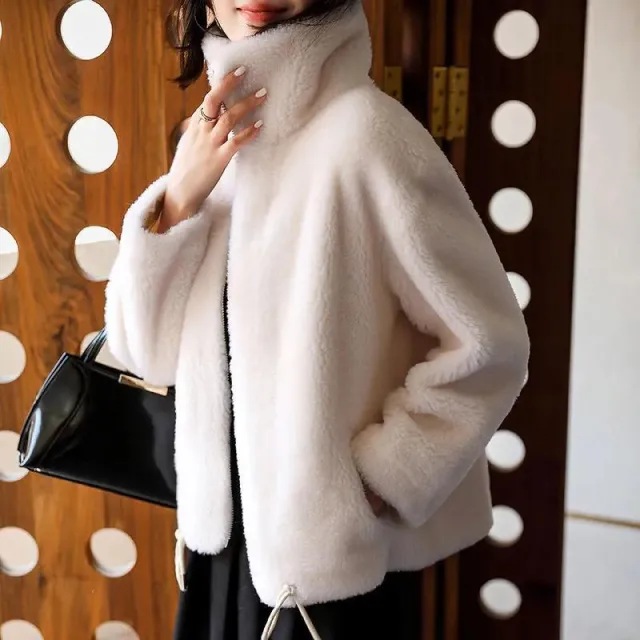 Winter Fleece Padded Coat Women's Zipper Cardigan Double sided Velvet Thermal Turtleneck Sweater White - Shop at LoveMi