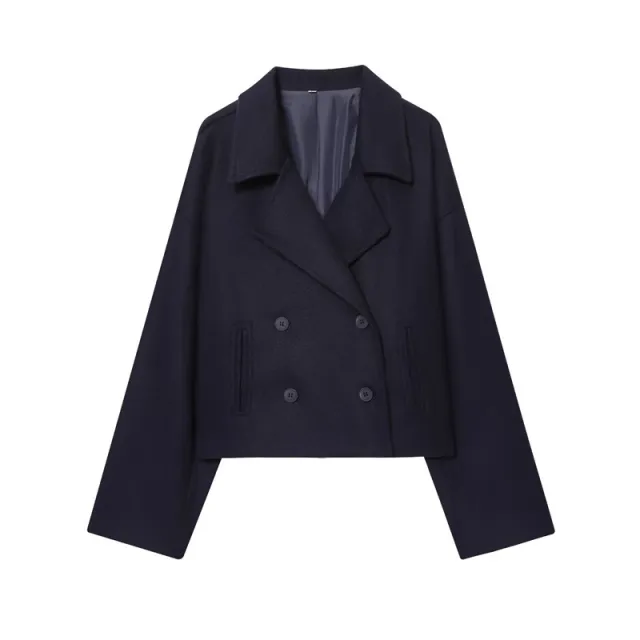Simple Double Breasted Short Woolen Coat Women's Top Navy - Shop at LoveMi