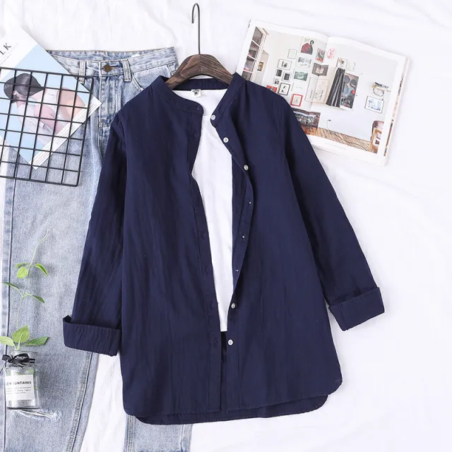 Stand Collar Double layer Yarn Long Sleeve Blouse Loose Navy Blue - Shop at LoveMi