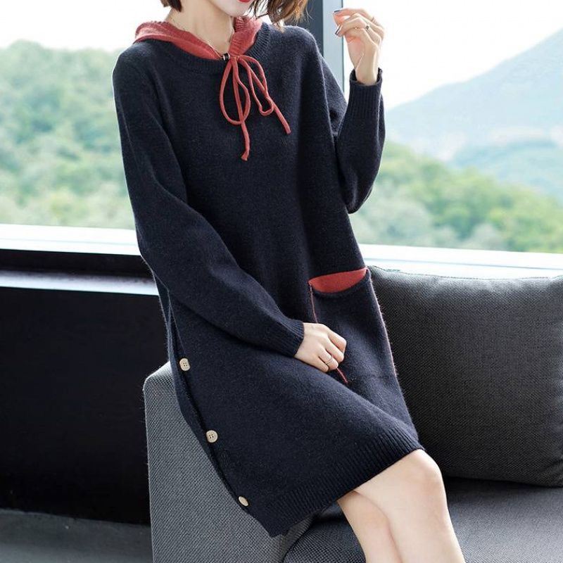 Autumn And Winter New Loose-fitting Outerwear Top Hooded Mid-length Sweater Dress
