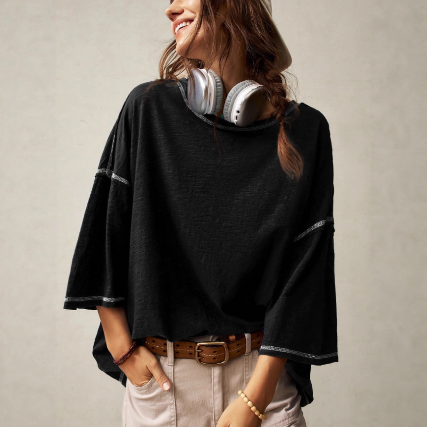 Casual Crew-neck Solid-color Versatile Long-sleeve Pullover T-shirt