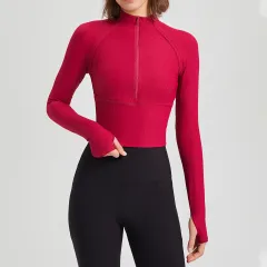 Nylon Quick-drying Slim Fit Half Zipper Yoga Clothes Women's Autumn - Wild Berry - View 1