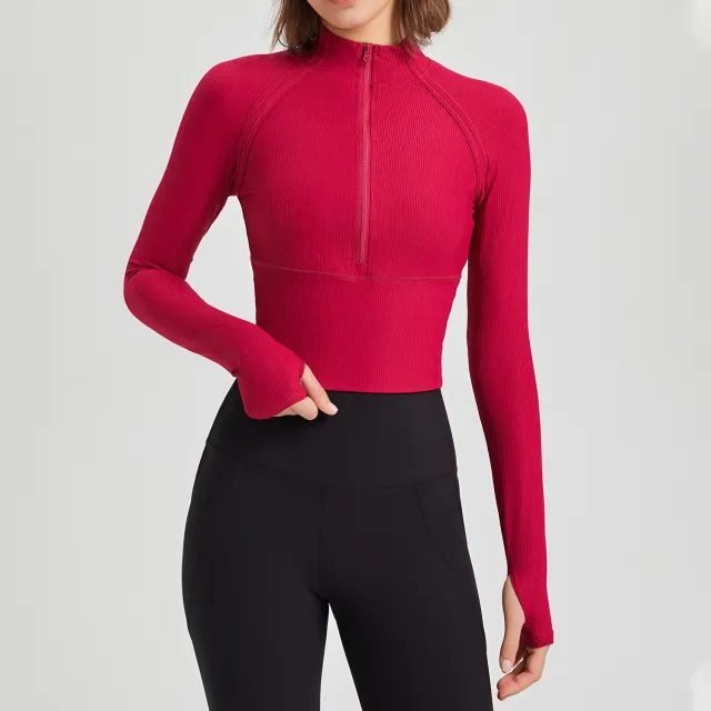 Nylon Quick drying Slim Fit Half Zipper Yoga Clothes Women's Autumn Wild Berry - Shop at LoveMi