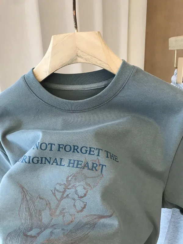 Four season Cotton Pattern Letter Print Pullover Short Sleeve Women Gray Blue Lily - Shop at LoveMi