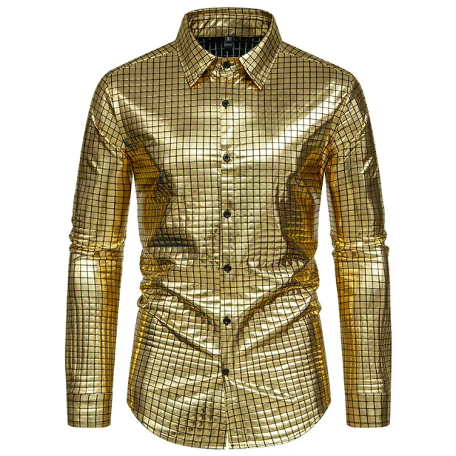 Plaid Bronzing Printed Stage Costume European Size Men's Long sleeved Shirt Gold - Shop at LoveMi