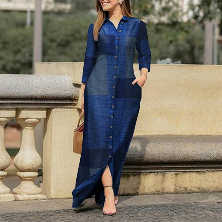 European And American Leisure New Polo Collar Printed Checks Dress Button Long Shirt