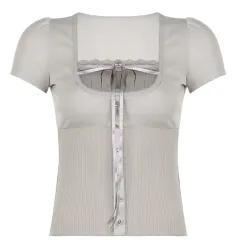 Lace Stitching Bow Square Collar High Waist Short Sleeve T-shirt Top - 22969 Gray - View 1