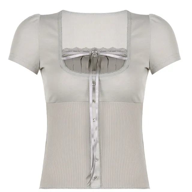 Lace Stitching Bow Square Collar High Waist Short Sleeve T shirt Top 22969 Gray - Shop at LoveMi