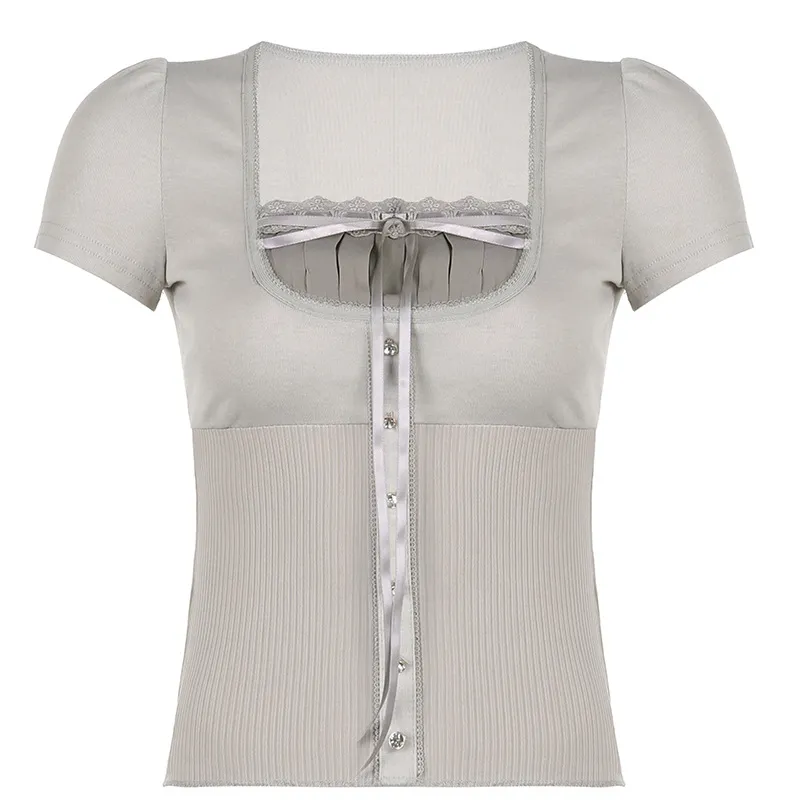 Lace Stitching Bow Square Collar High Waist Short Sleeve T-shirt Top - 22969 Gray