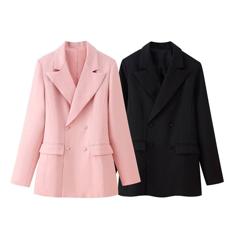 Lapel And Waist Tight Decorated Row Button Blazer Pink Lace Mid-length Dress Set